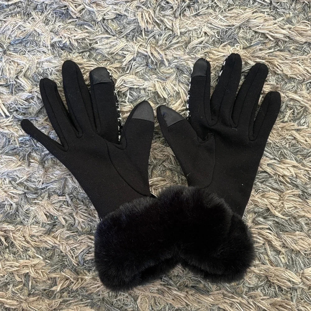 Marcus Adler Black White Tweed Faux Fur Cuff Touchscreen Women's Gloves New